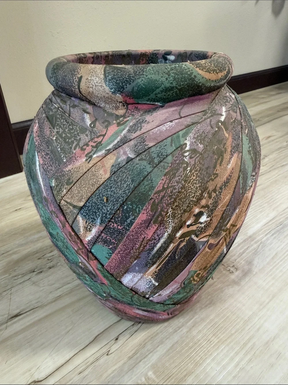 Vintage Fabric Wrapped Vase Planter Boho Abstract Multicolor Art Decor